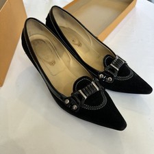 TOD’S Black Patent Leather and Suede Pointed Toe Penny Loafer Pumps Size 38  1/2
