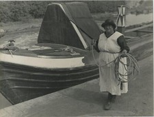 Woman & Wooden Barge Narrowboat Canal mid c20th Photo
