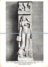 D027802 Girl Carrying Bird Cage. Red sandstone railing pillar Mathura. U. P. Kus