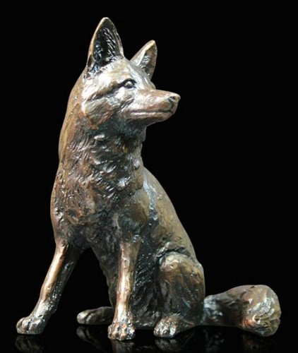 Fox sitting bronze figurine - fox,