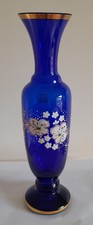 Czech Bohemian Glass Vase Cobalt Blue Hand Painted Flowers Gold Bands 31cm