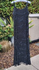 Windsmoor Black Silk Beaded Long Evening Dress / Gown - 1920s Style - Size 10