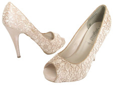 NEW LOOK SIZE 7 WOMENS BEIGE SATIN EMBROIDERY PEEPTOES SLIP ON COURT SHOES HEELS