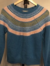 Womens WOOLOVERS Blue Fairisle 100% Lambswool Boat Neck Jumper Size Sm