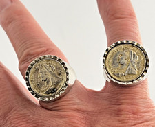 2 x Reproduction Victorian Half Sovereign White Metal Signet Rings - Size T & S
