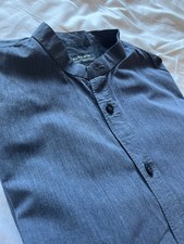 Zara men's Shirt Medium Slim Fit Collarless Button Up Long Sleeve Dark Blue 