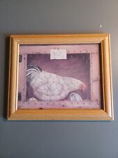 Pine Wood Framed Picture Of A Chicken Up For Sale In Its Cage.