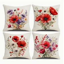 New Set of 4 Poppy Cushion Covers. Polyester 17"x 17" (45cms)