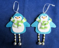 2 x Cute Penguin Christmas Tree Decorations Turquoise, White & Silver Glitter