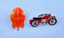 2 x Wallace & Gromit Enamel Pin Badges - Wallace's Rocket & Motor Cycle