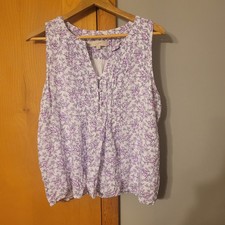 LOFT Women's L Floral Tank Top Pintuck Sleeveless Blouse Casual White Purple