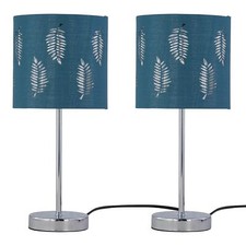 Set of 2 Modern Chrome 35cm Table Lamps Bedside Lights Teal Leaf Shades