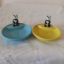 Vintage Wade Pair of Porcelain Zoo Whimtray Panda On Blue/yellow Tray. Perfect 