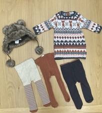 Next Girls Autumn Dress, Tights (1 Never Worn, 2  Washed) Fox Print & Indigo Hat