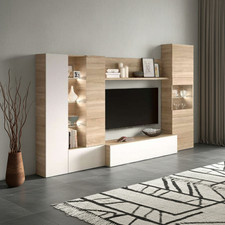 Marca White Soft Gloss and Oak Effect Large TV Stand Entertainment Wall Unit