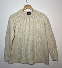 Aran Woolen Mills 100% Merino Wool Cable Knit Jumper Beige Chunky Size Medium