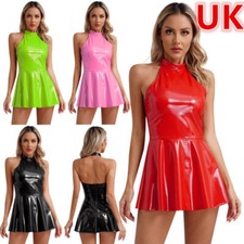 UK Women's Sexy Faux Leather Sleeveless Mini A-Line Dress PVC Swing Dress Party