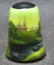 RUSSIAN LACQUER HAND PAINTED THIMBLE - LANDSCAPE ON NATURE AND COUNTRYSIDE