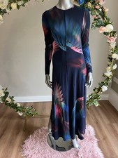 TED BAKER Midi Dress Womens TB2 UK 10 Georii Navy Printed Slinky Long Sleeve NEW