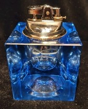 Vintage Art Deco Blue Crystal Glass Table Lighter Cube Design Concave Design