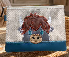 Highland Cow Purse Make Up Bag, Handmade Embroidered Zip Pouch