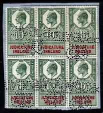 Fiscal: 1902 Edw.VII JUDICATURE IRELAND 10/- block of 6 on piece perfin. cancels