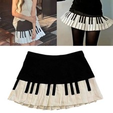 Vintage Piano Mini Skirt Women Schoolgirl High Waist Pleated A Line Skater Skirt