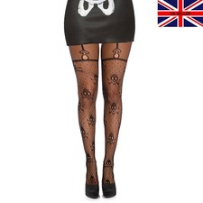 Black Skull & Crossbones Fishnet & Lace Patterned Halloween Tights Women UK 6-16