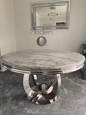 Ariana Round Dining Table with Grey Marble top, Round marble chrome leg table