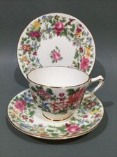 Crown Staffordshire Bone China “ Thousand Flowers “ Tea Cup, Saucer & Plate Trio