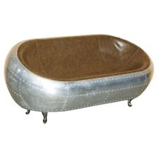 SUPER COOL AVIATOR STYLE HAND HAMMERED ALUMINIUM & BROWN LEATHER TWO SEAT SOFA
