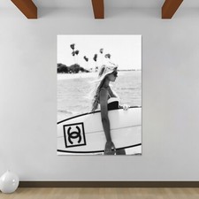 Surfer Girl Surfboard- Monochrome - Fashion Art - Canvas Rolled Wall Art Print