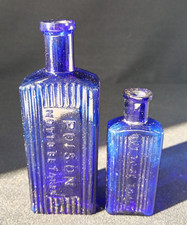 2 x Antique Cobalt Blue Glass Poison Bottles NOT TO BE TAKEN