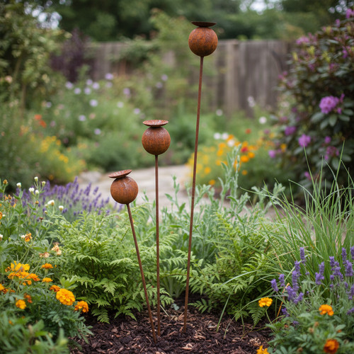 Rustic poppy garden stakes - poppy,
