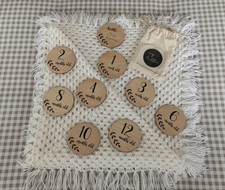 BABY NEWBORN WHITE KNITTED CROTCHET  BLANKET + WOODEN MILESTONE PLAQUES GIFT SET