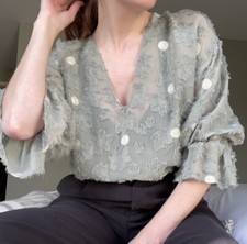 Zara blouse Sage green cream embroidery Small Top Semi Sheer Fringe