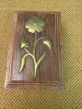 Vintage Wooden Trinket Box with Raised Brass Flower Overlay - 6” x 4” x 2.5”