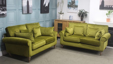 WHITE MEADOW PAIR OF 2 SEATER SOFAS IN LIME GREEN VELVET FABRIC