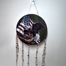 Wall Hanging Drum Native American  Flag & Flying Eagle Handmade Leather & Beads