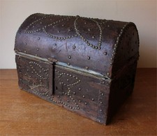 18th C Spanish Studded Leather Chest Box. Domed Coffer Trunk. Antique Strongbox