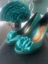 Monsoon Green Satin Heeled Peep Toe Shoes Size 41 And Matching Bag