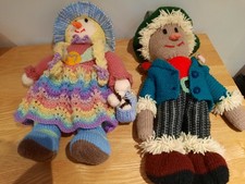 Vintage Hand Knitted Mr and Mrs Scarecrow Dolls, 15"-18"tall