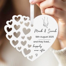 Wedding Gifts Personalised Bride and Groom Heart Plaque Keepsake With Grey Bag