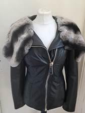  Leather Biker Jacket  Rex Rabbit Chinchilla Real Fur Hood - Small 