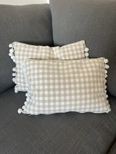 2 Laura Ashley Beige Gingham 25 x 40 Cushions Pom Pom Trim