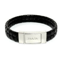 Prada Men's Logo Plate Leather Bracelet Black