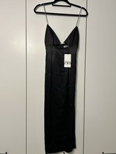 Brand new Zara black satin slip cut out slinky midi dress Diamante straps XS