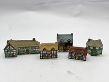 VINTAGE JOB LOT 5 MINIATURE COTTAGE ORNAMENTS CERAMIC HOUSES PUB SHOP BUILDINGS