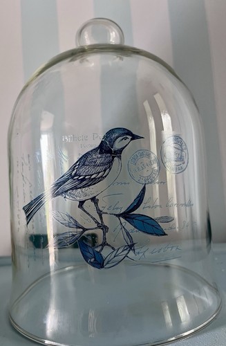 Glass cloche with bird print - glass,