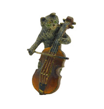 Victorian Cold Painted Vienna Bronze Cat Playing Cello Miniature Figure Antique